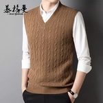 马甲男新款秋冬加厚保暖100%羊毛内搭针织衫毛衣V领无袖坎肩背心