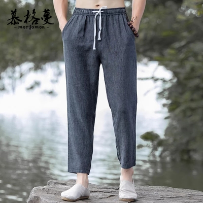 春秋中式亚麻薄款九分男休闲裤