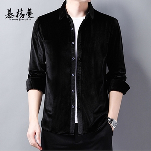 上衣商务休闲免烫中年休闲保暖衬衣 加绒保暖男装 金丝绒衬衫 男长袖