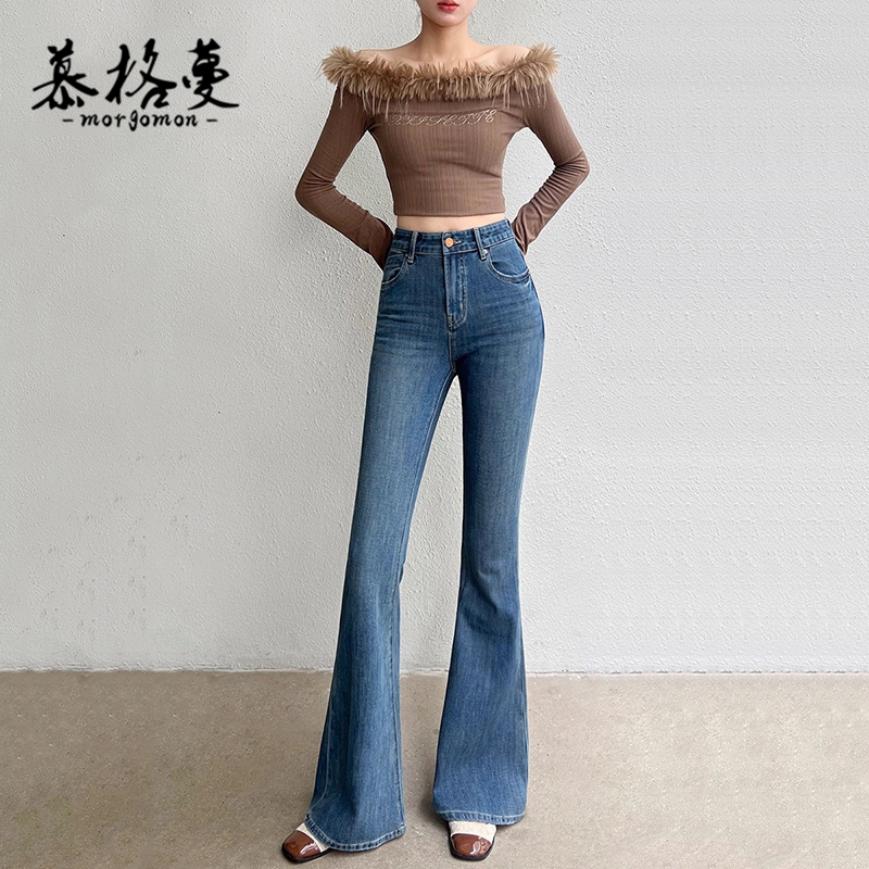 秋冬加绒高腰显瘦微喇牛仔裤女