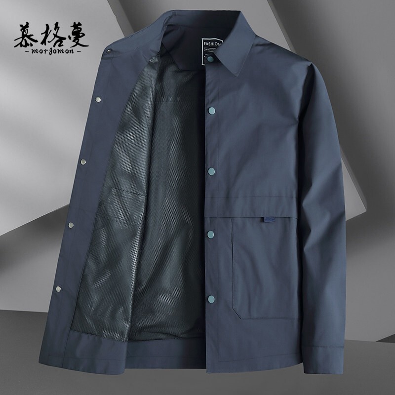 爸爸春秋季工装风衣翻领茄克外套大码男中年肥佬宽松按扣商务夹克