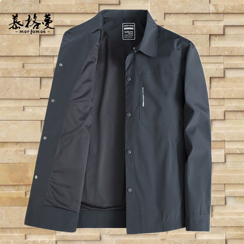 中年男士商务行政夹克春秋款大码胖爸爸休闲翻领纽扣风衣外套上衣