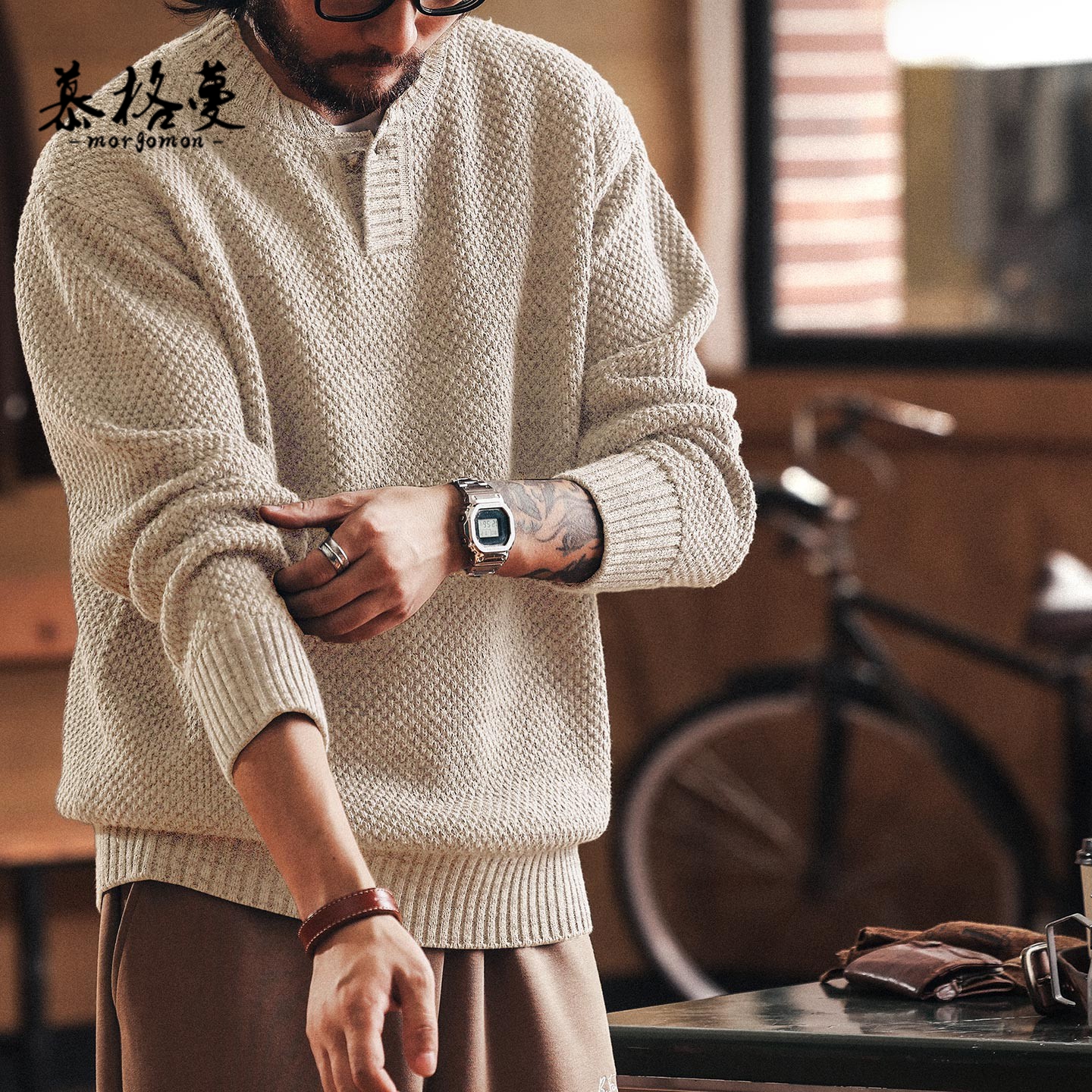美式复古风重磅亨利领粗针毛衣男