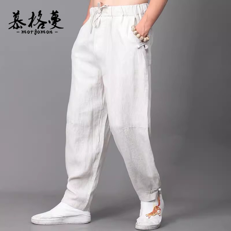 纯亚麻中式薄款阔腿男休闲裤