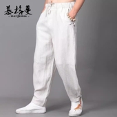 男新款 春秋中国风日常百搭中式 薄款 纯亚麻休闲裤 宽松阔腿长裤 子男