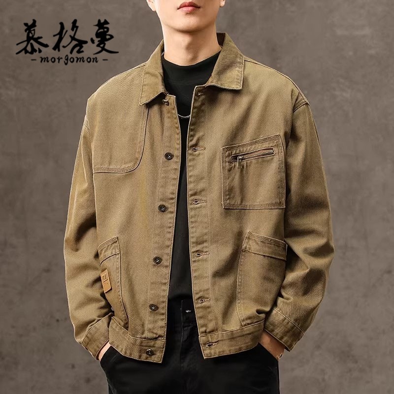 牛仔外套男士春秋季新款美式复古潮牌宽松翻领工装百搭时尚夹克男,男装,牛仔外套,淘宝优惠券,粉丝福利购,淘宝优惠卷