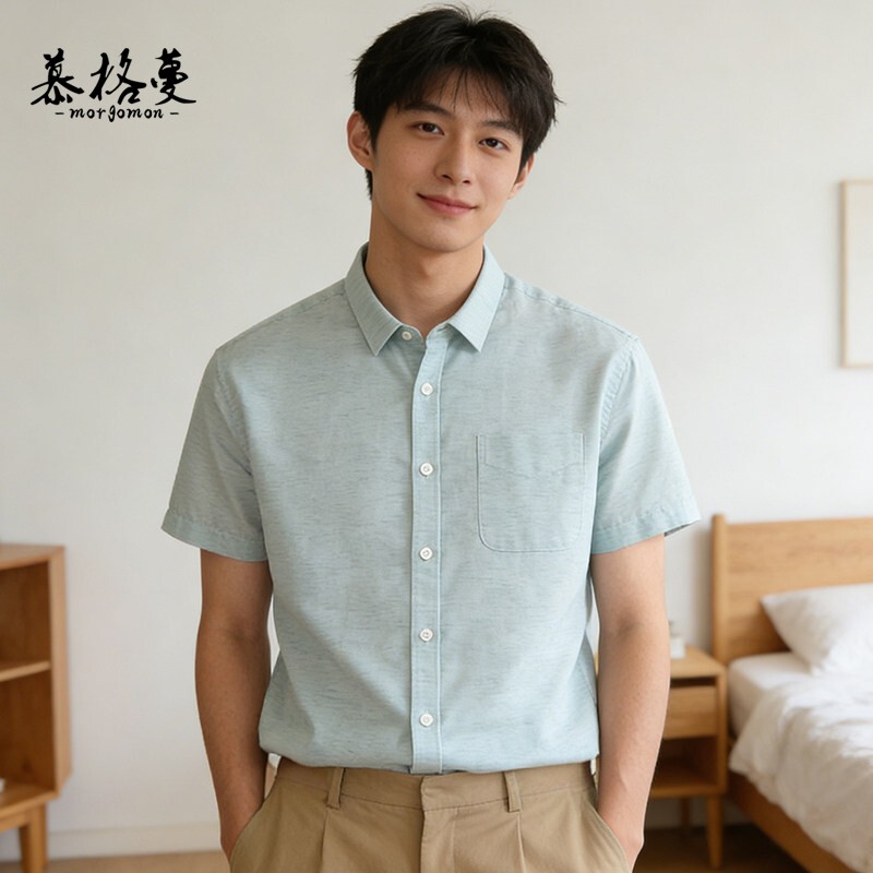 夏季薄款休闲男士短袖衬衫棉麻透气青年男上衣极简设计棉麻衬衫