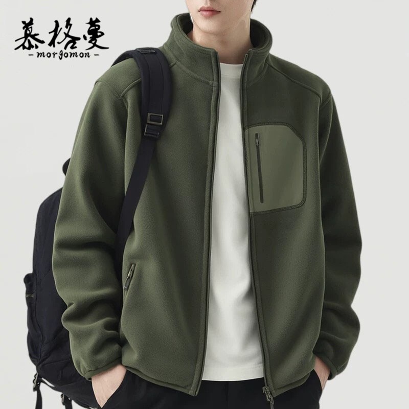 新款美式风立领摇粒绒夹克外套男拉链口袋户外休闲防风抓绒外套男