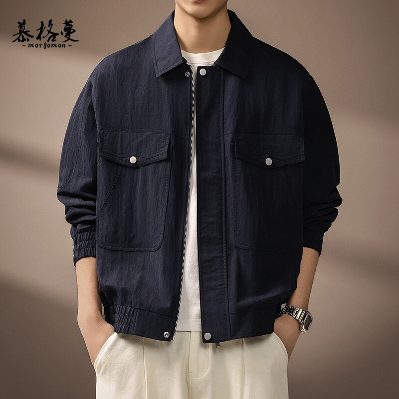 高端莱赛尔混纺工装外套男2026春季新款宽松翻领美式通勤夹克男