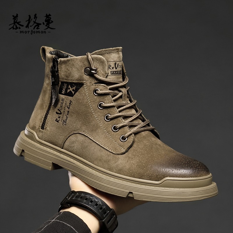 真皮马丁靴男高帮英伦风侧拉链秋冬季加绒城市户外两用工装靴男