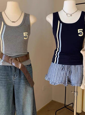 撞色蓝色方领工字吊带背心女夏外穿新款遮副乳内搭打底无袖女上衣