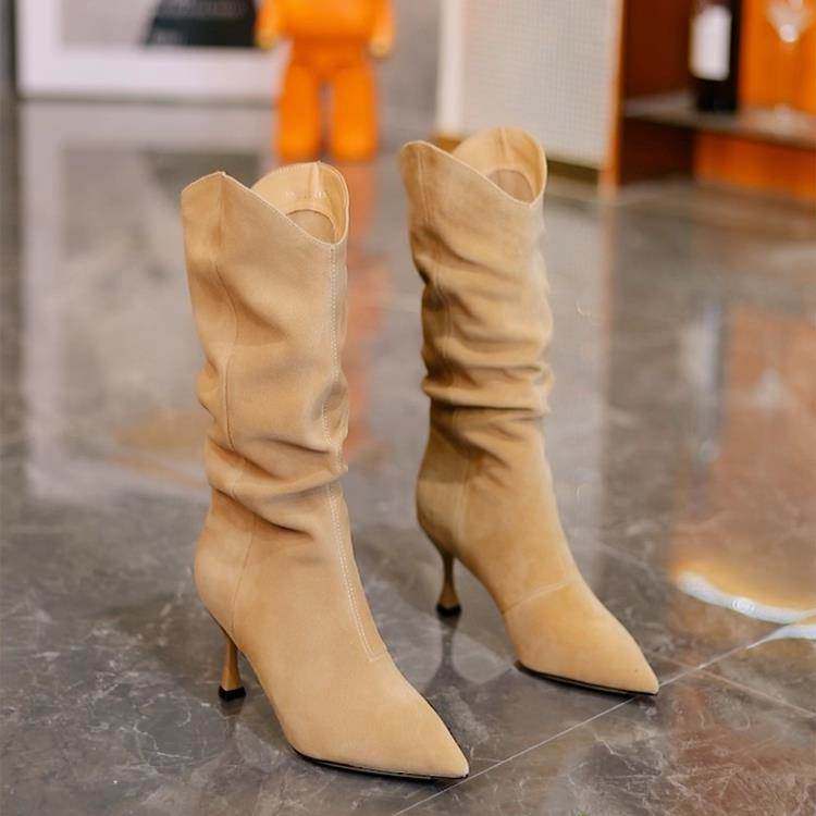 韩版真皮磨砂高跟中筒靴女秋冬新款时尚褶皱尖头细跟堆堆靴弹力靴