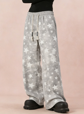 BCFR美式星星裤子男款扎染秋冬加绒卫裤加厚弯刀宽松直筒长裤