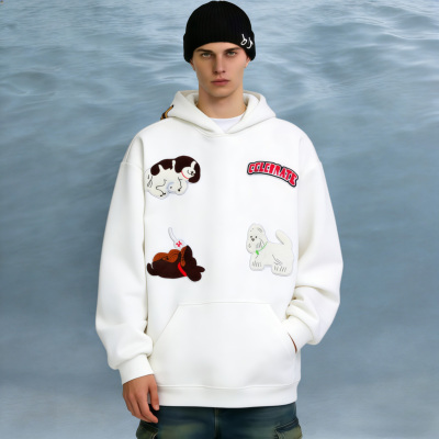 美式小狗字母秋冬刺绣贴连帽卫衣潮牌男装2025百搭外套