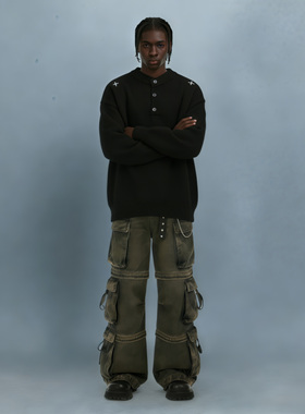 BCFR十字架刺绣黑色毛衣男秋冬慵懒风亨利领针织衫痞帅打底