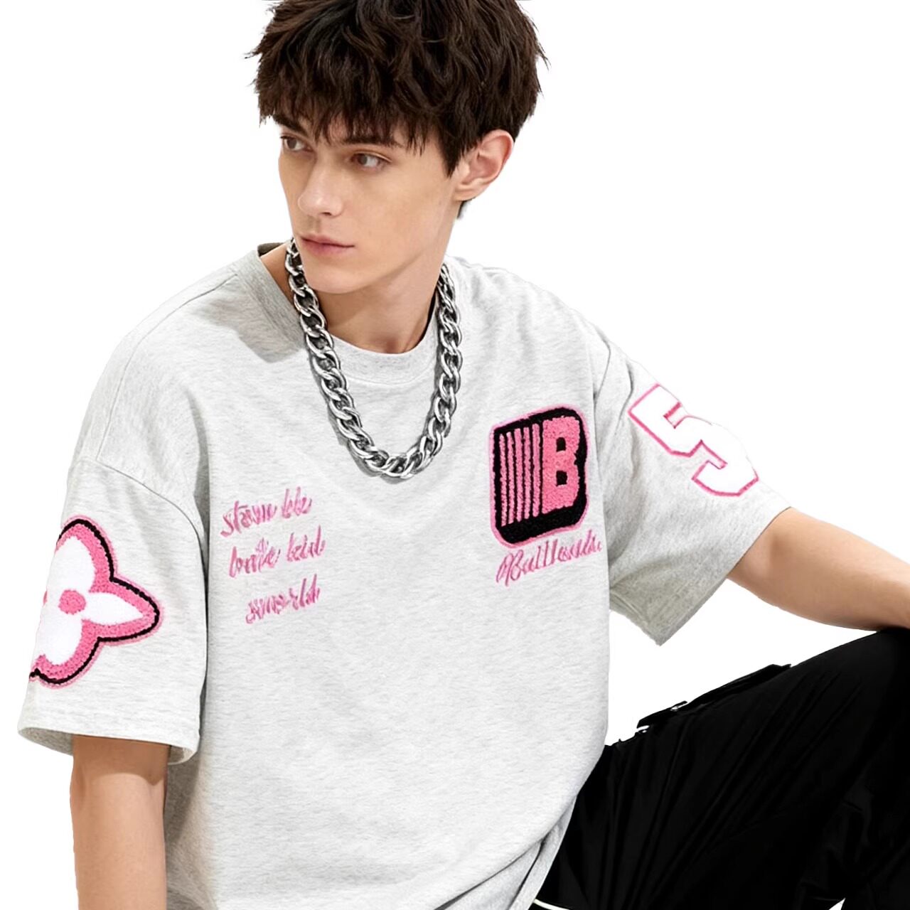 FLASH ELF男女重工T恤上衣个性美式字母迷彩宽松短袖休闲夏季