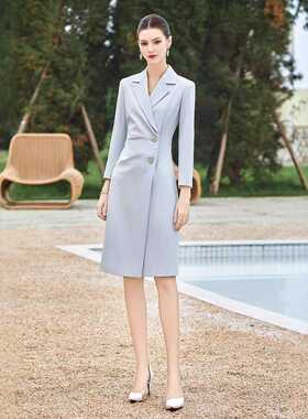 高端主持人浅蓝色西装连衣裙气质职业长袖工装女设计感工作服礼服