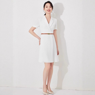 白色职业西装连衣裙女夏季短袖高级感主持人演讲比赛正式场合礼服