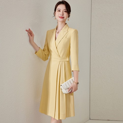 高端主持人七分袖黄色西装连衣裙