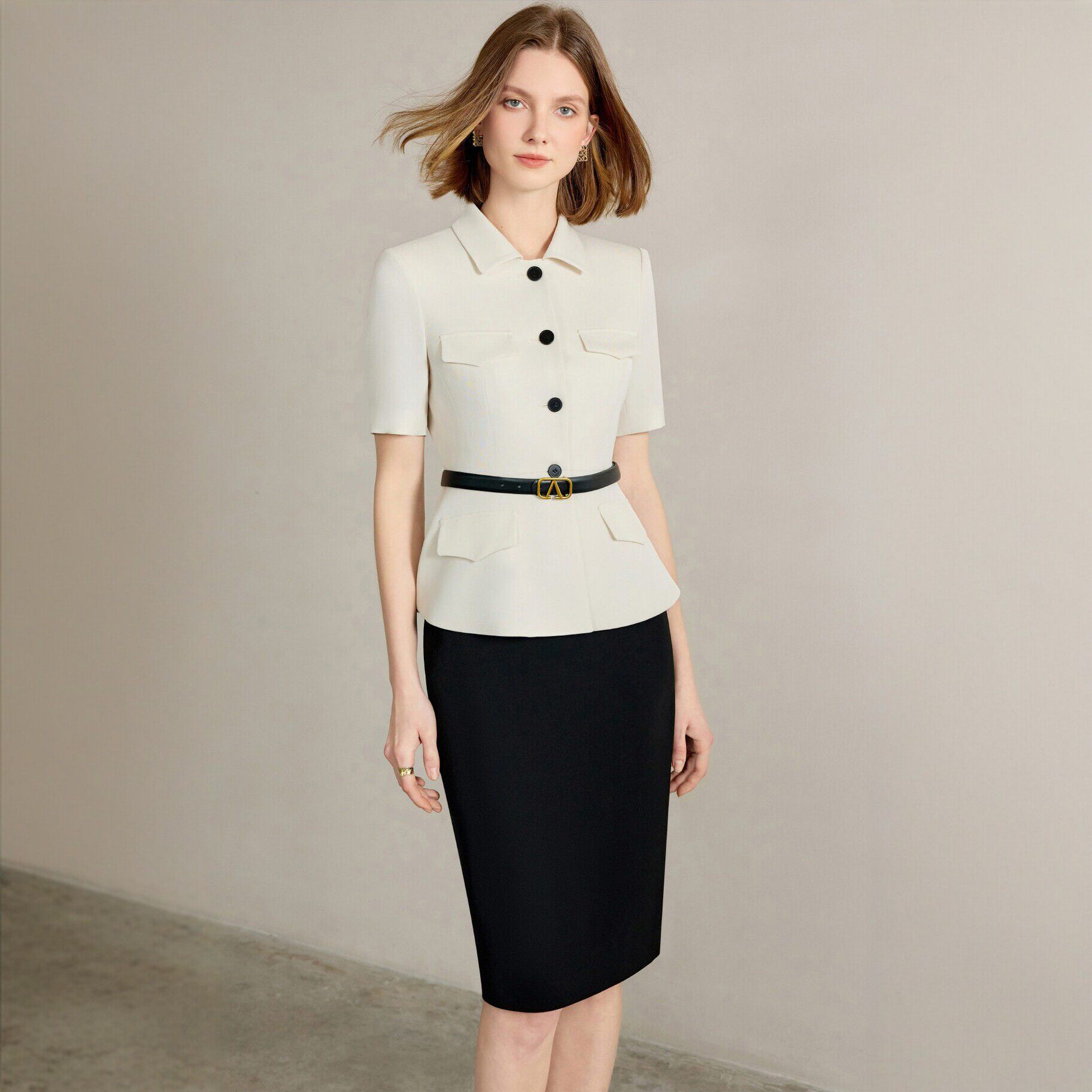 AD米白色短袖西装套装女气质翻领上衣黑色裤裙夏季薄款工作服工装