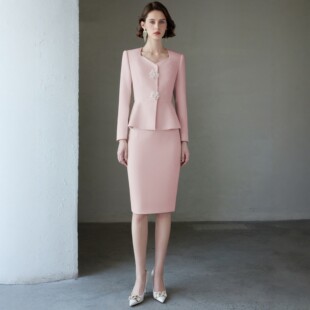 AD年会粉色小香风套装高级感珠花扣西服女主持人正装春秋宴会礼服