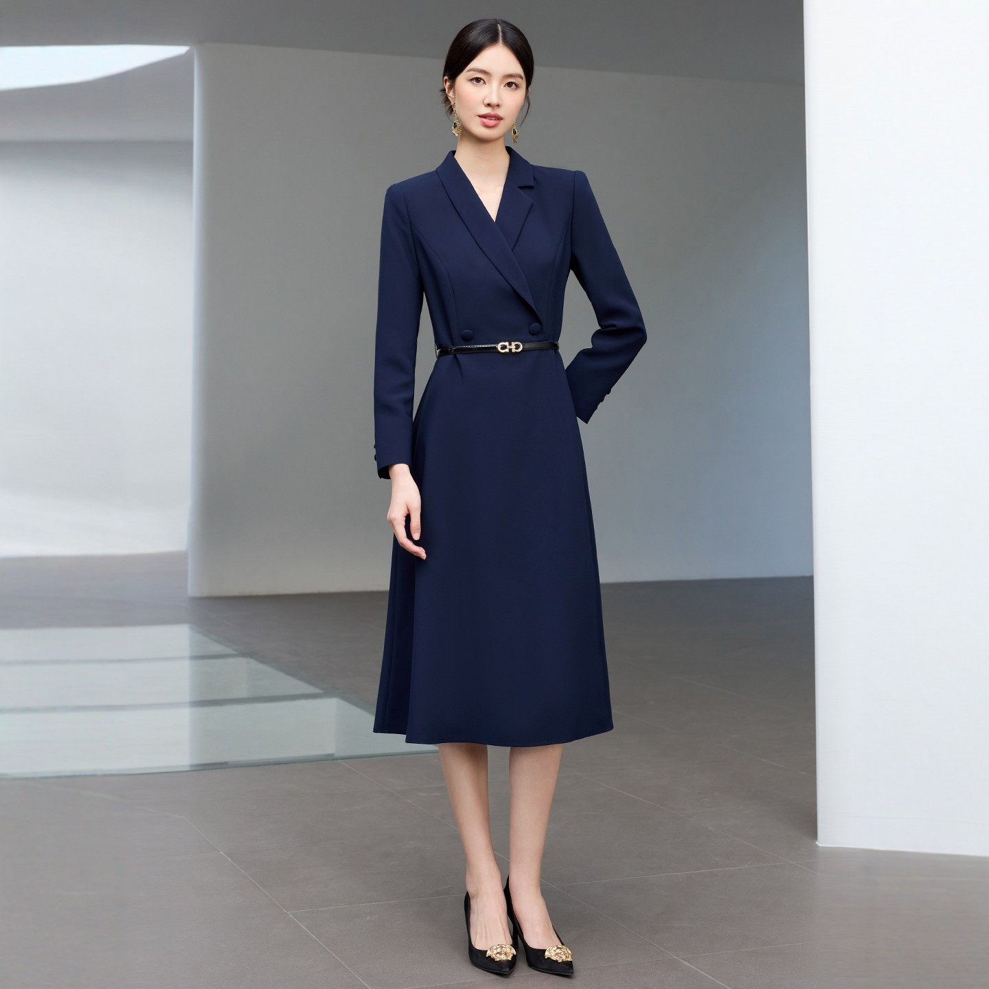 高端藏青色西装连衣裙女主持人气质干练职业装商务工作服正式场合