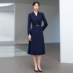 高端藏青色西装连衣裙女主持人气质干练职业装商务工作服正式场合