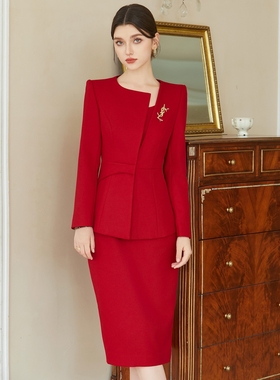 AD高端喜庆红色西装连衣裙套装气质女年会宴会主持人商务正装礼服