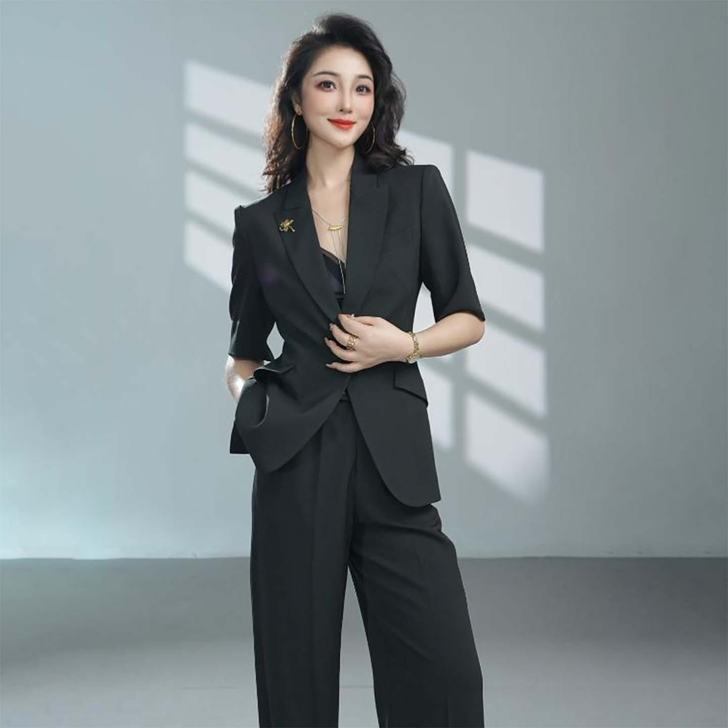 J-ME黑色夏季西装套装女2025新款高级感小个子一粒扣薄款短袖休闲