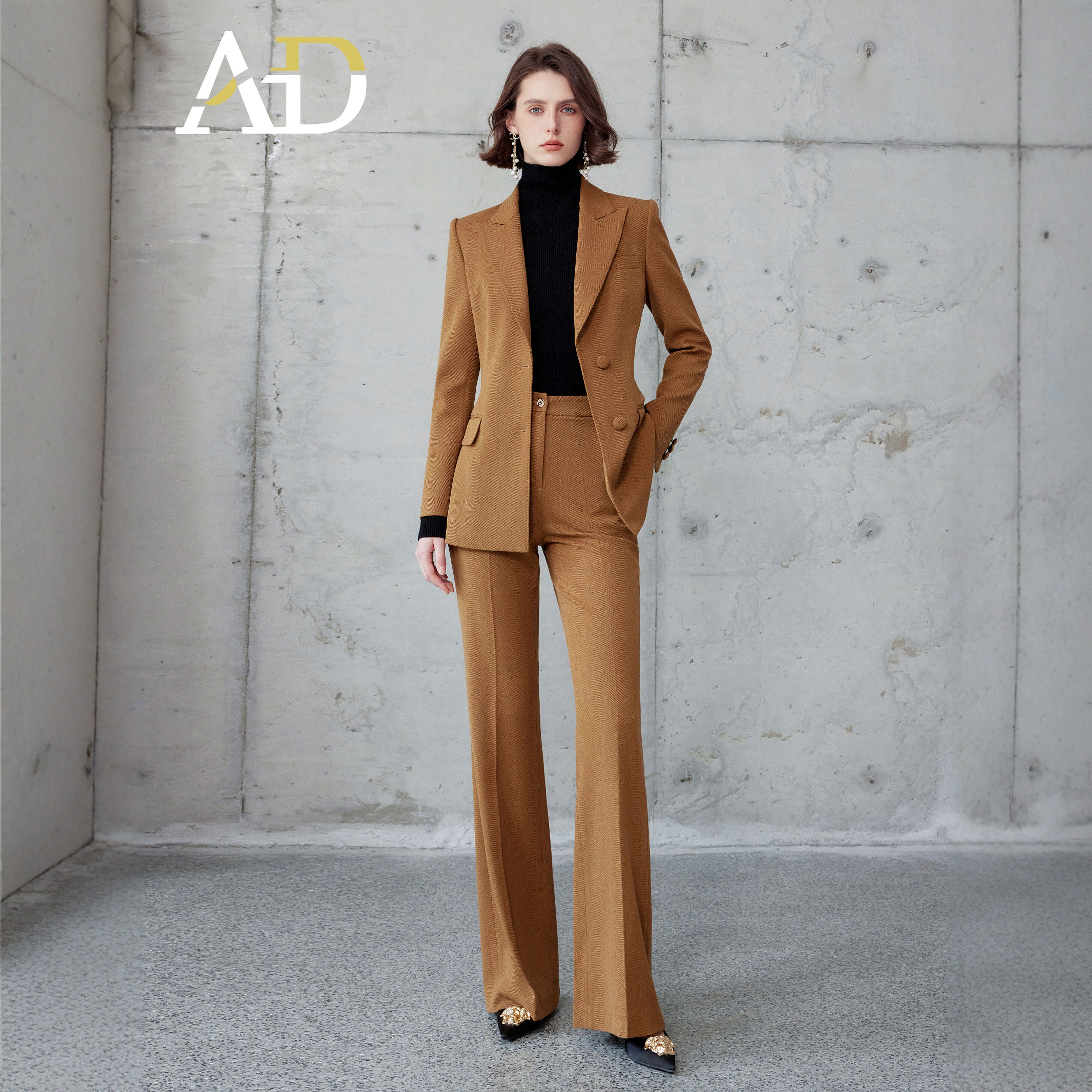 AD高端金棕色女士西装套装秋冬羊毛职业装工作服气质干练商务正装