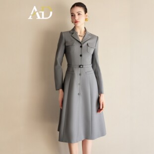 大码AD灰色轻奢职业连衣裙女春秋复古中长款长袖主持人礼服工作服