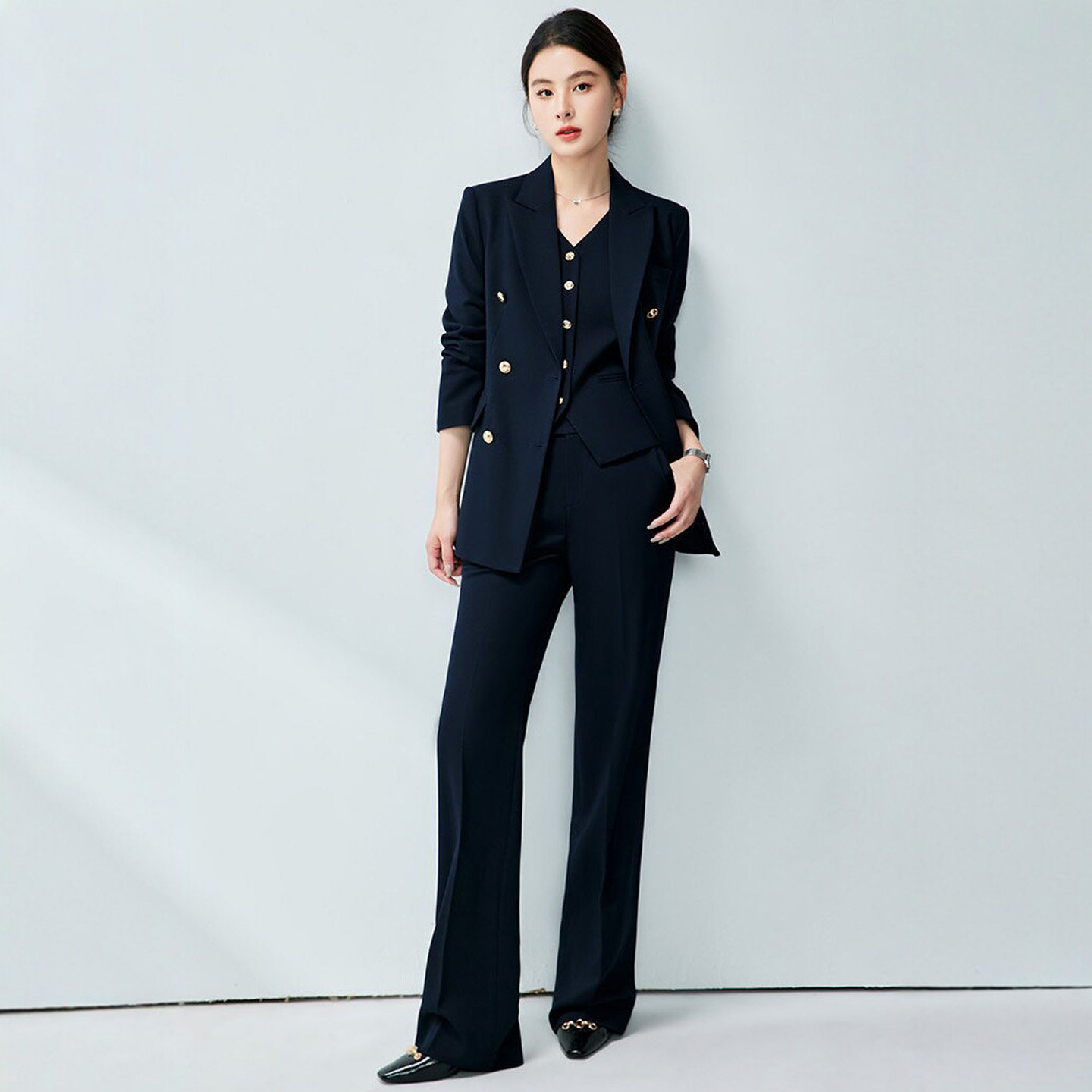 高端深蓝色职业西装套装裤马甲女律师公务员讲师西服阔腿裤工作服