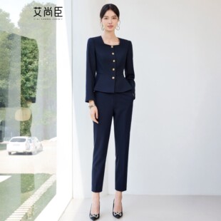 艾尚臣高级感藏青色西装气质优雅酒店经理前台正式场合正装工作服