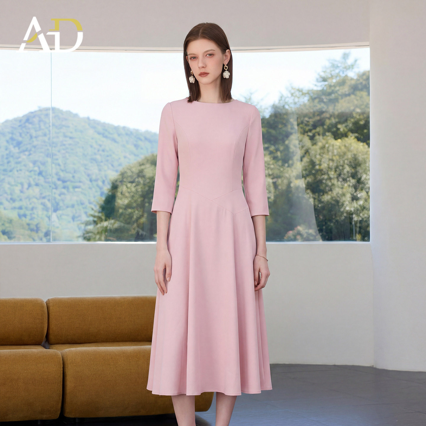 AD粉色主持人礼服七分袖连衣裙
