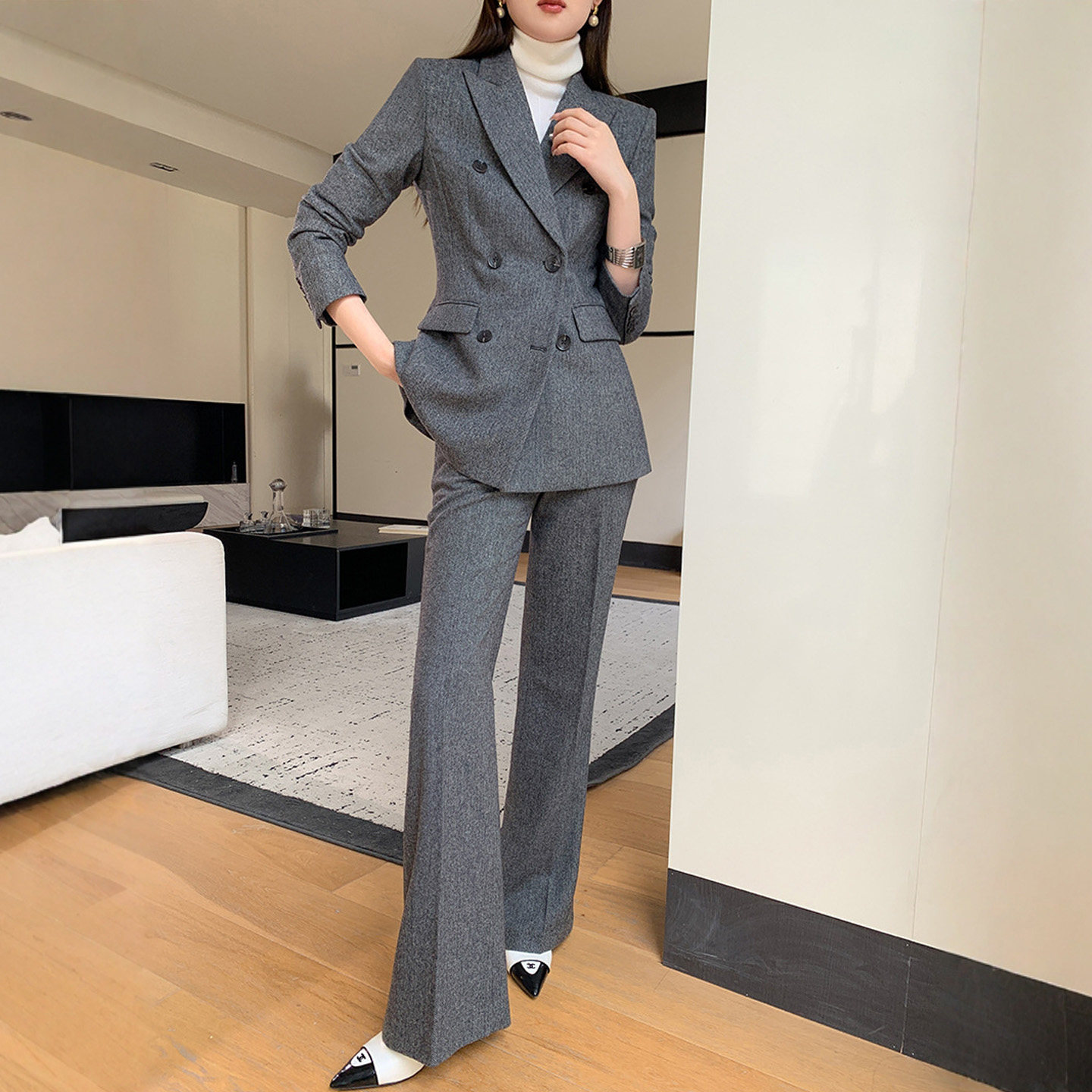 大码加厚保暖羊毛西装套装女冬季胖MM高端职业正装职业气质工作服