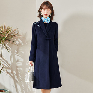 国风刺绣羊毛呢大衣女中长款冬加厚盘扣销售部工作服正装正式场合
