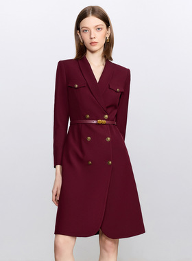 AD高端羊毛深红色职业西装连衣裙晚会主持人开业典礼正装宴会礼服