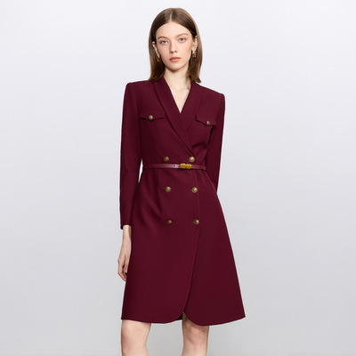 AD高端羊毛深红色职业西装连衣裙