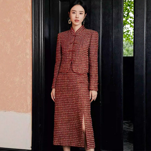 红色国风小香风粗花呢羊毛西装套装裙女盘扣立领重工高级感两件套
