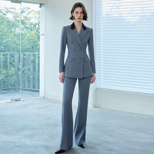 羊毛西装套装灰蓝色拼色职业工装