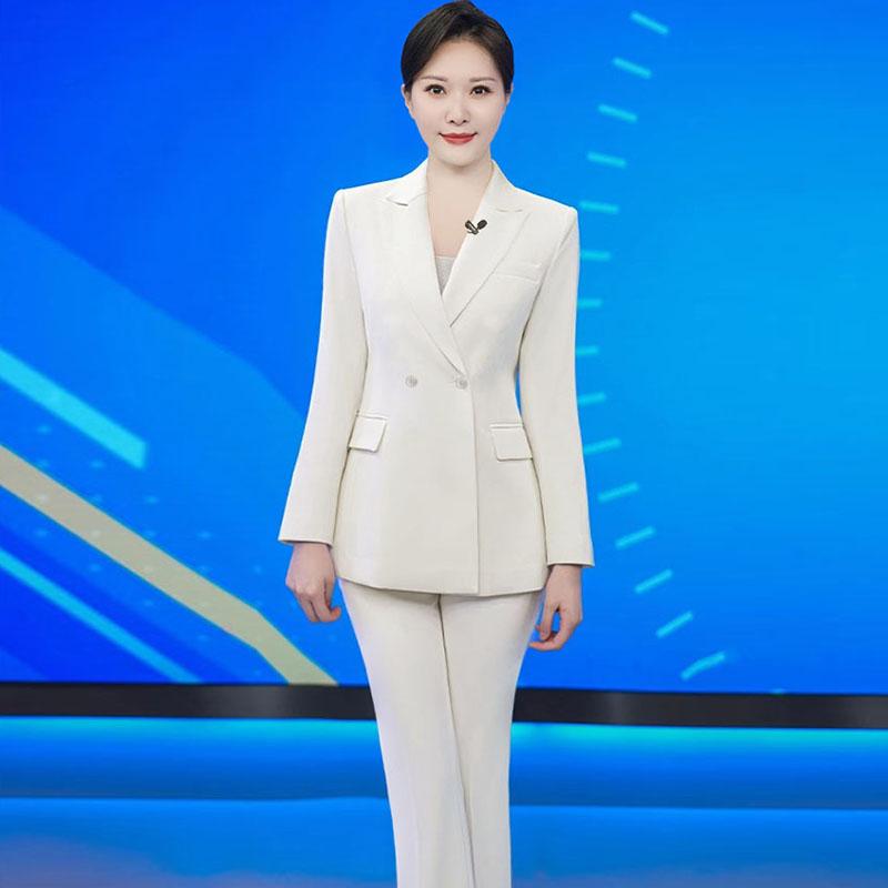 米白色西装套装女微喇叭裤两件套