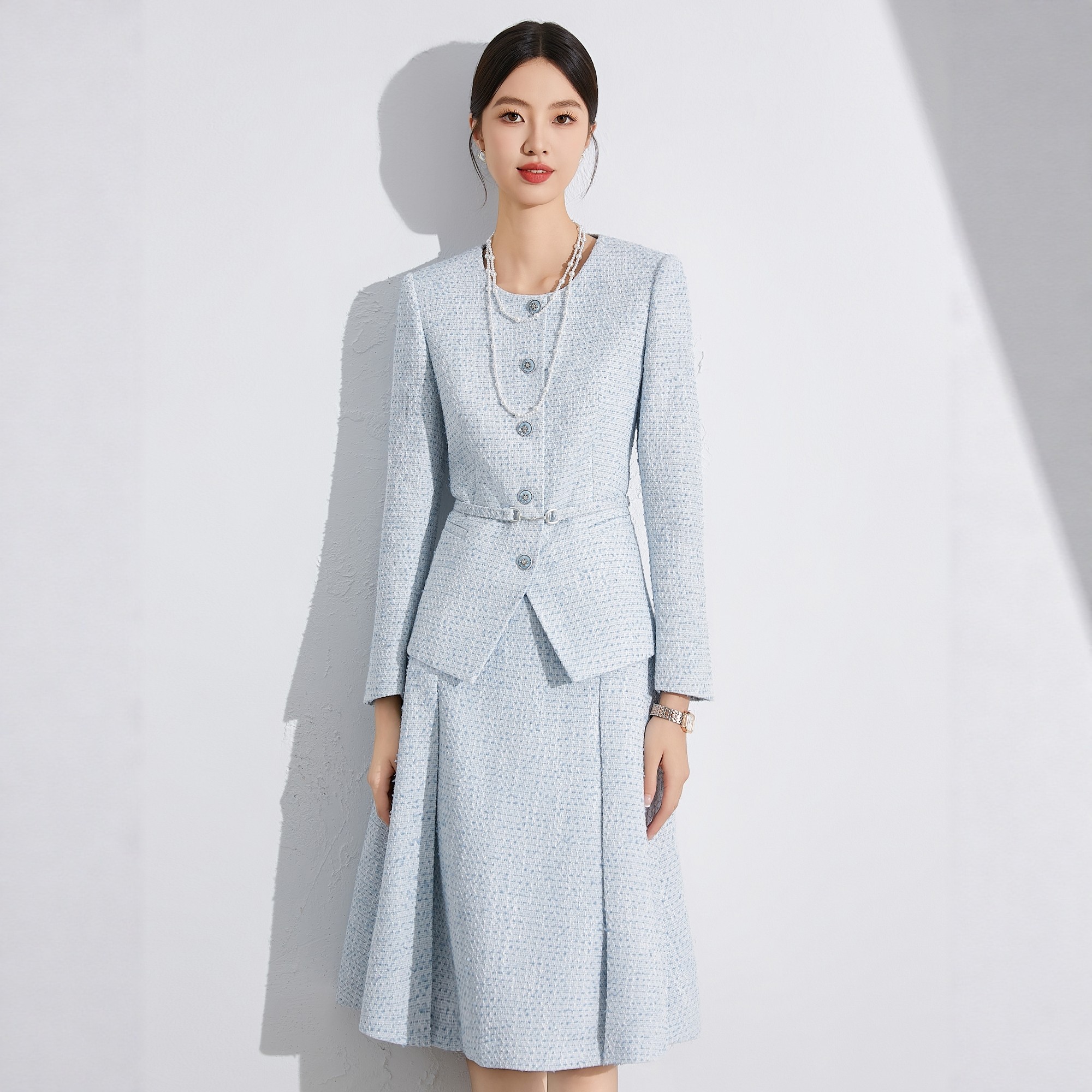 宴会礼服小香风淡蓝套装洋气正装