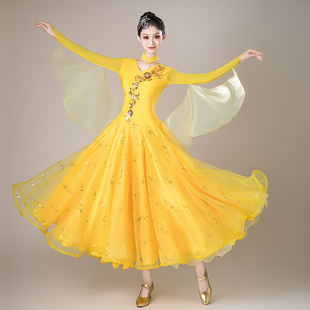 新款女高级款摩登舞裙华尔兹国标舞 连衣裙收 腰镶钻大摆裙表演服