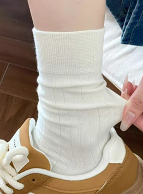 袜子女春夏外穿简约粗线针织堆堆袜黑白色个性布标纯棉抗菌袜子