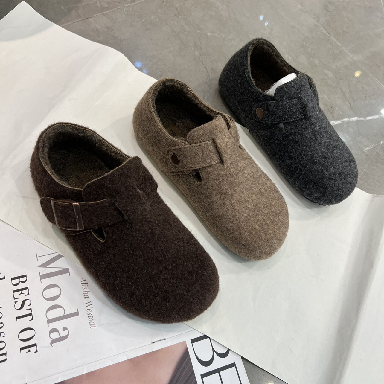 欧货小众复古粗毛呢加绒全包勃肯鞋棉鞋冬季新款羊毛保暖懒人鞋女