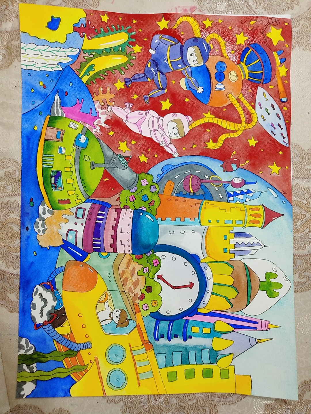 科幻画美术作品定制绿色环保爱护地球科幻画创意儿童画手抄报定制