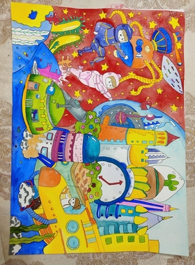 科幻画美术作品定制绿色环保爱护地球科幻画创意儿童画手抄报定制