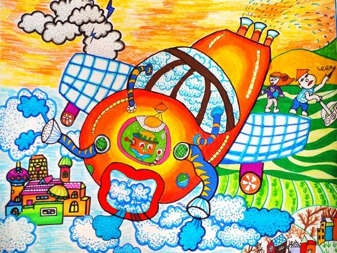 未来家园智能科技家居新时代太空环保科幻画创意儿童画手抄报代画