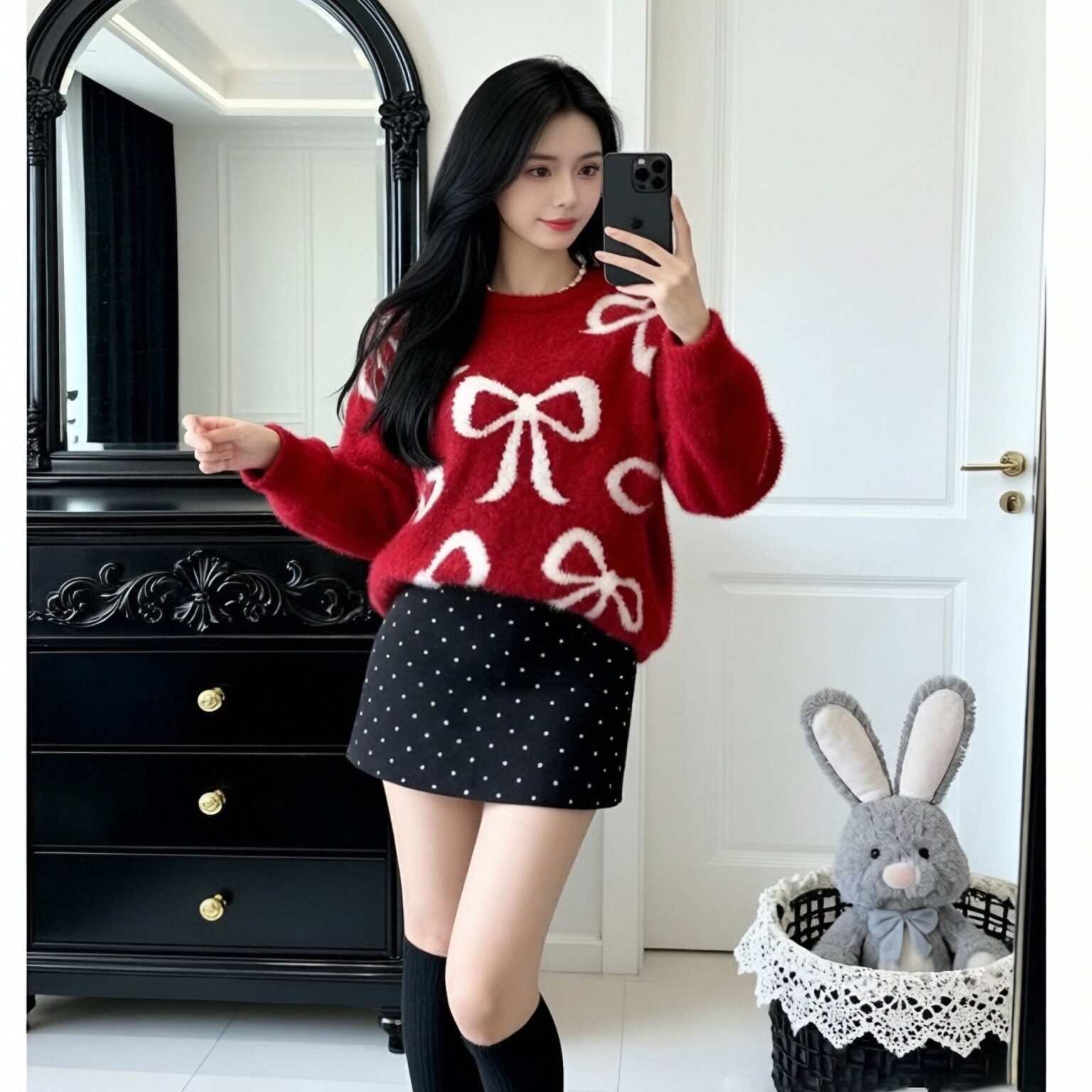 韩版圣诞新年红色本命年蝴蝶结圆领毛衣女秋冬慵懒风气质百搭上衣