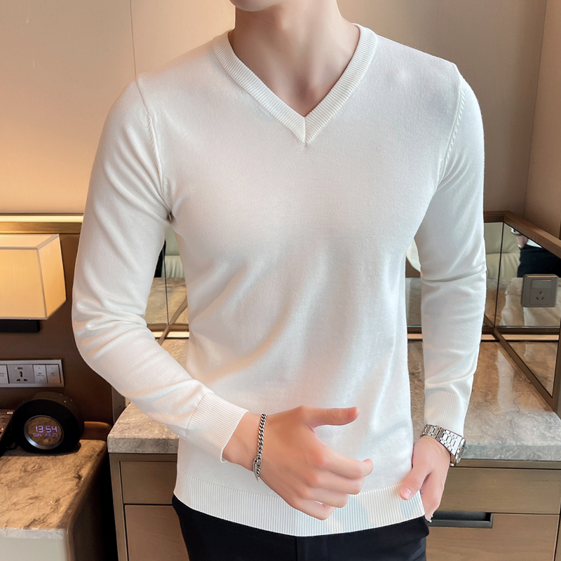 秋冬男针织衫v领纯色长袖修身